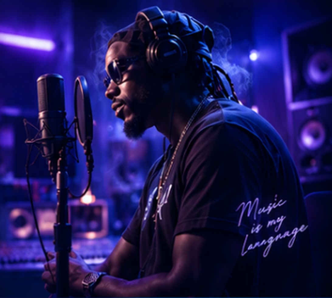 Eric A Menal-Arthur recording music in a purple lit studio